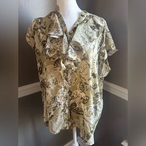 NWT Tahari Green Leaf print Ruffle Button up Short Sleeve Blouse top XL